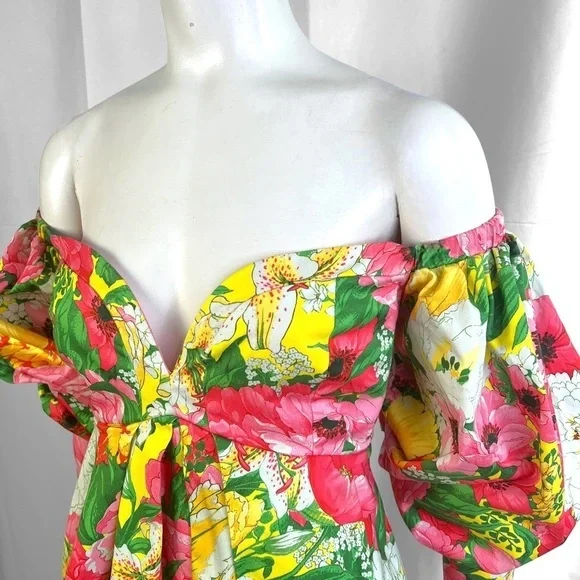 ASOS EDITION OFF SHOULDER MINI DRESS FLORAL PRINTS BALLOON SLEEVE BABYDOLL DRESS - Picture 16 of 17